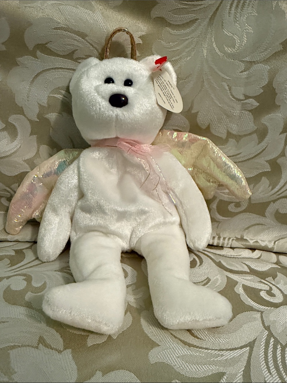 Ty White Plush Angel Bear with Pink Sheer Bow
